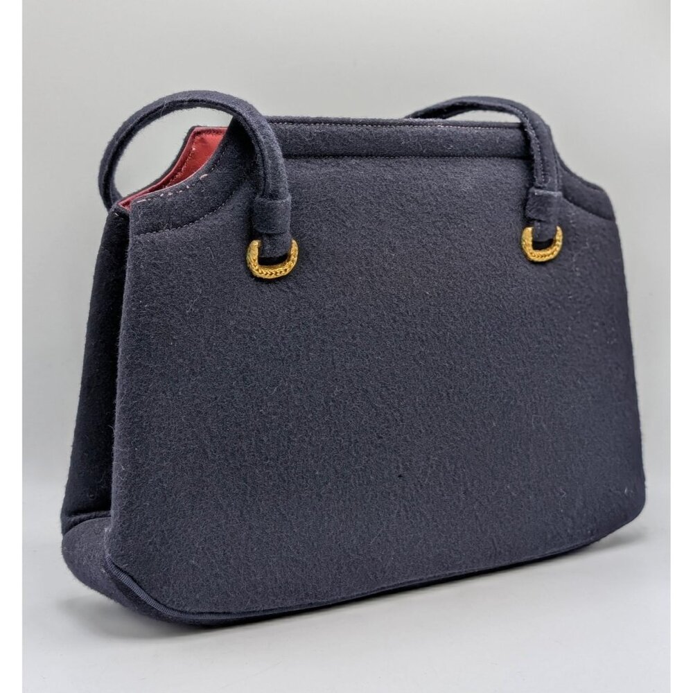 Vintage 50s Crown Lewis Blue Felted Wool Handbag Purse Gold Clasp Hard Shell VTG